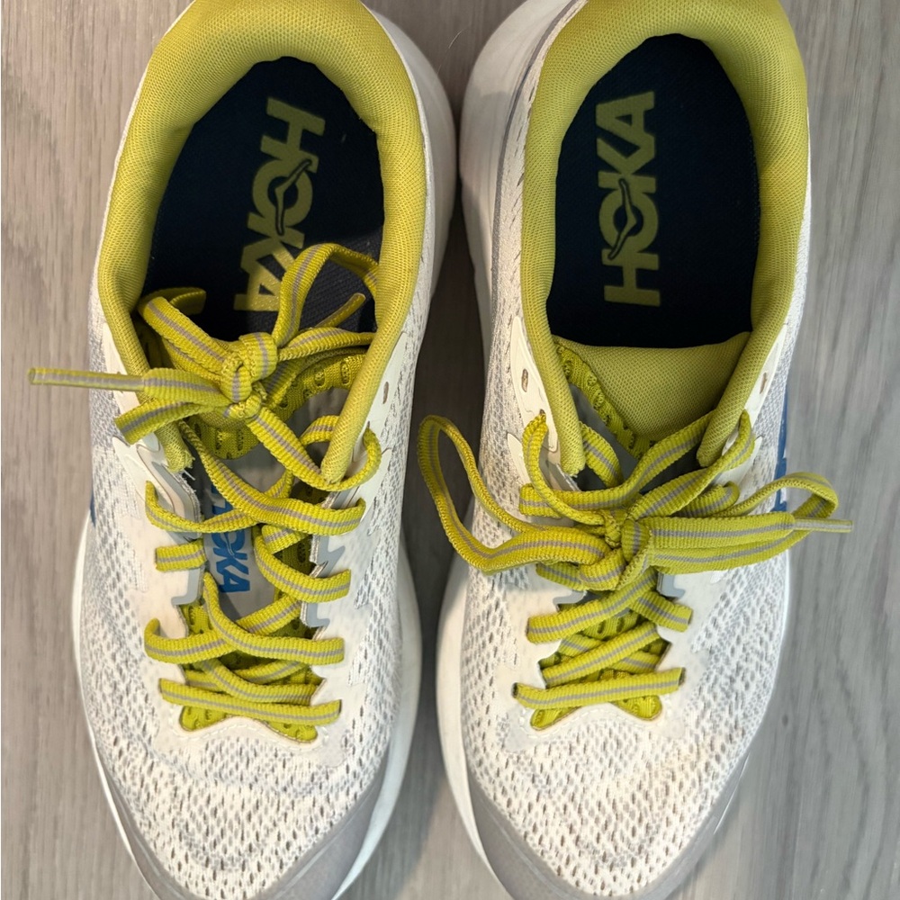 Hoka White and Yellow Performance Running Shoes